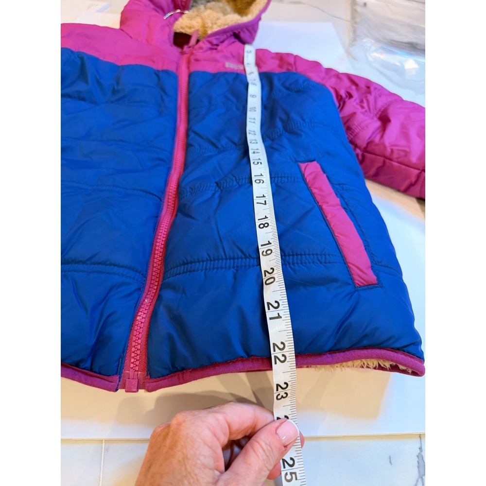 Eddie Bauer Kids Reversible Puffer Jacket Pink Blue Fleece Lined Hooded M 10/12 - Picture 5 of 9